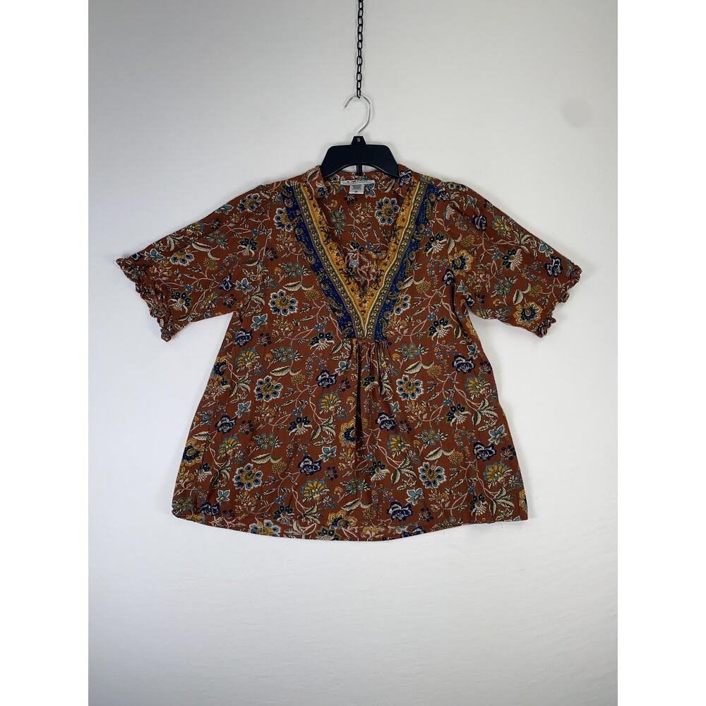 Back In The Saddle Blouse Womens Small Brown Floral Ruffle V Neck Tunic Top Boho